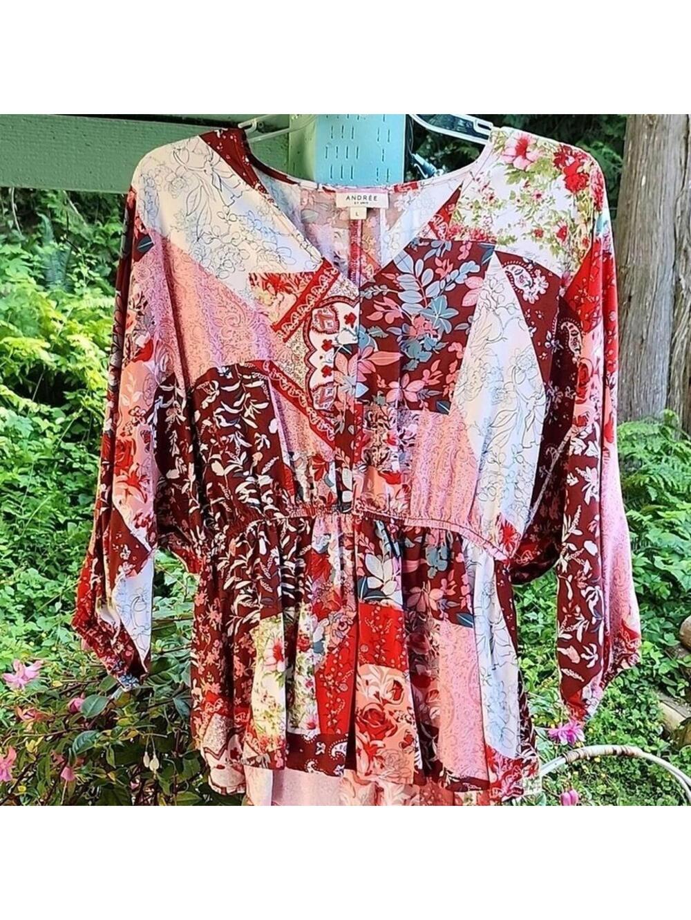 Andree By Unit Floral Patchwork Blouse Bohemian Tunic Top Long Sleeve L